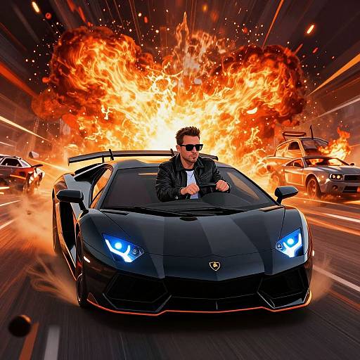 Photograph-style CGI: suave man in black jacket and sunglasses driving sleek black Lamborghini through fiery explosion on speed-filled highway.