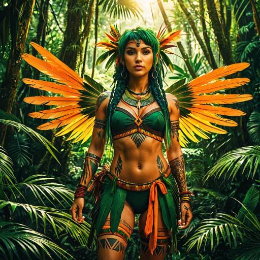 Athletic Woman in Tribal Feathered Costume in Rainforest