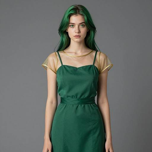 Young Woman in Green Dress with Sheer Gold Shoulders