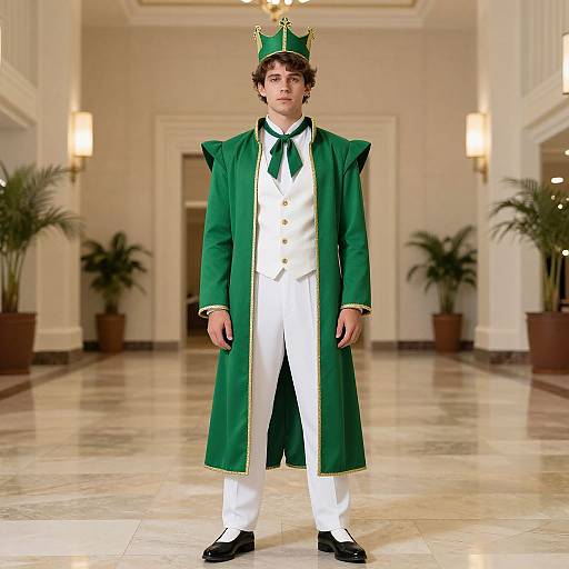 Photograph of a young man in a green king costume with a crown, white suit, green coat, and black shoes, standing in a luxurious,