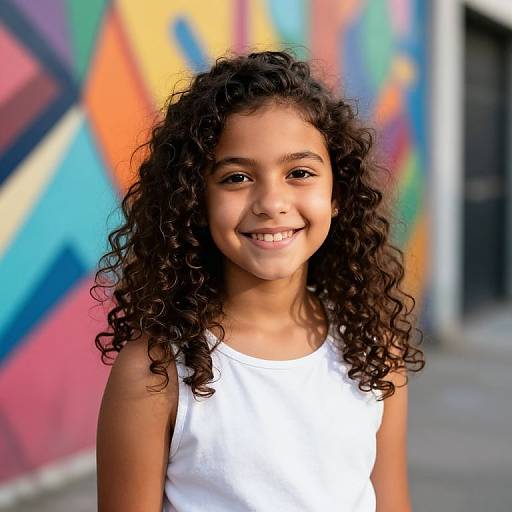 Photograph of a young girl with dark curly hair, smiling, wearing a white sleeveless shirt, against a colorful, graffiti-covered wall.