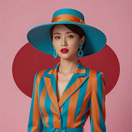 Stylish Woman in Turquoise and Orange Striped Suit