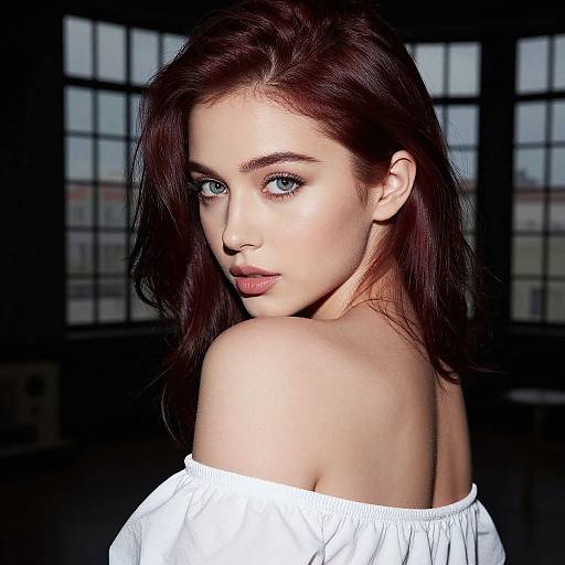 Photograph of a fair-skinned woman with striking blue eyes, red hair, nose ring, and white off-shoulder blouse, looking over her