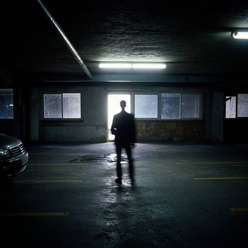 Shadowed Figure in Vintage Parking Garage