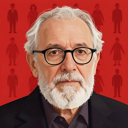 Digital portrait of an elderly white man with white hair, beard, black glasses, and black suit against a red background with silhouetted figures.
