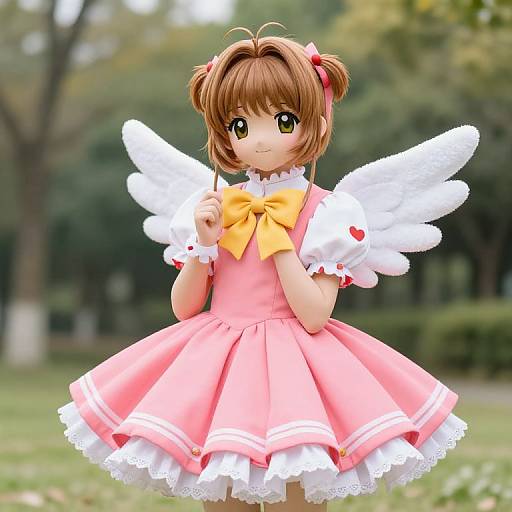 Digital anime-style drawing of a cute girl with brown pigtails, pink dress, white wings, yellow bow, standing in a green park.