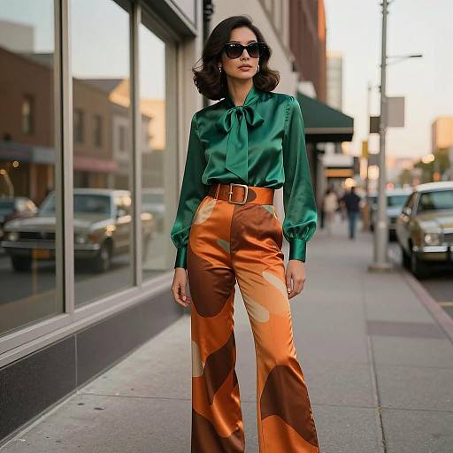 1970s Fashion Woman in Silky Bow-Tie Blouse and Palazzo Trousers