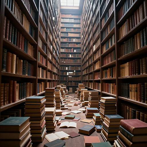 Photograph of a dimly lit, towering library with stacks of books scattered on the floor between dark wooden shelves. Sunlight filters through a skyl