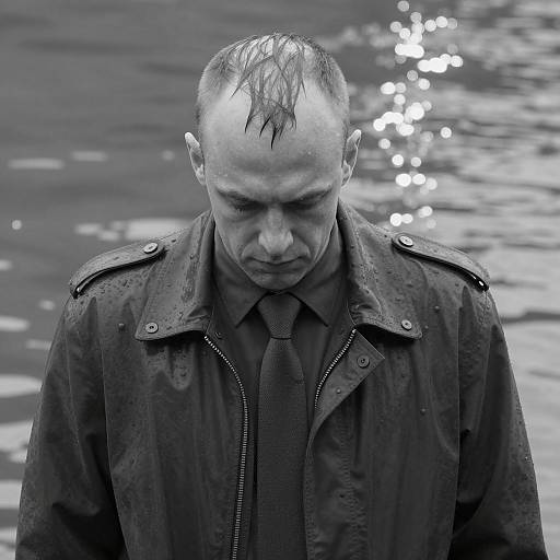 Serious Bald Man in Wet Jacket Photo