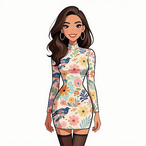 Digital illustration of a smiling woman with long dark hair, wearing a floral-patterned, long-sleeve mini dress and black thigh-high stockings, against