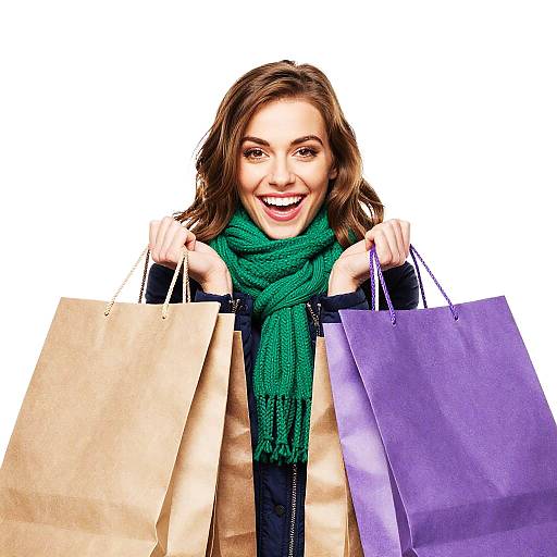 Smiling woman with brown hair, green scarf, white coat, holding brown and purple shopping bags, white background, photographed, vibrant colors.