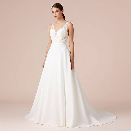 Photograph of a young woman with fair skin and dark hair in a sleek updo, wearing a white, lace-trimmed, sleeveless wedding