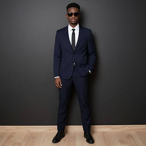 Photograph of a tall Black man in a navy suit, white shirt, black tie, black shoes, and sunglasses, standing against a dark gray wall