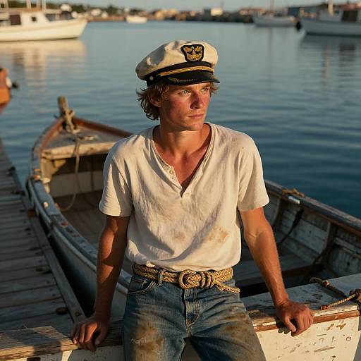 Photograph of a young man with tousled brown hair, wearing a white sailor hat, white V-neck shirt, and blue jeans, leaning on a