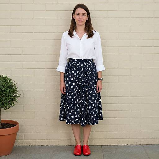 Photograph of a woman with straight brown hair, wearing a white blouse and navy floral skirt, red shoes, standing against a cream brick wall, beside