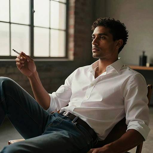 Photograph of a curly-haired, dark-skinned man in a white button-down shirt and blue jeans, smoking a cigarette, sitting in a dimly