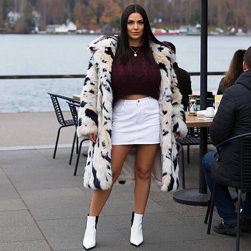 Photograph of a confident woman with long black hair, wearing a black-and-white fur coat, brown top, white mini-skirt, and white boots