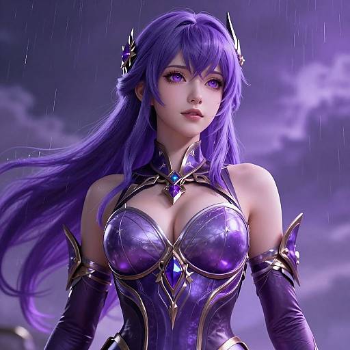 Digital art of a purple-haired anime woman with large breasts, wearing a shiny, purple armored outfit, in a rainy night sky.