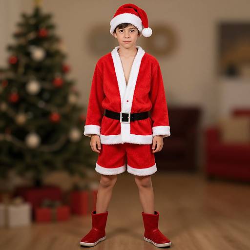 Photograph of a young boy in a red Santa outfit with white trim, black belt, red boots, and Santa hat, standing in a blurry Christmas