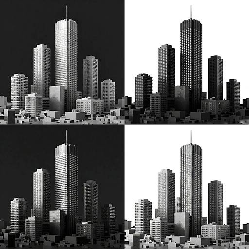 Digital black-and-white cityscape with pixelated skyscrapers, split into four quadrants with varying dark and white backgrounds. High contrast, modern urban
