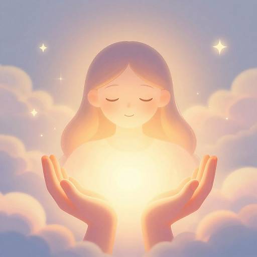Digital illustration of a serene, smiling girl with closed eyes, surrounded by glowing light, held by two upturned hands amidst fluffy clouds and sparkling stars in