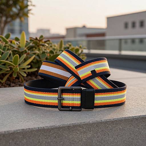 Photograph of a brightly colored, striped nylon dog collar with black buckle, resting on a concrete ledge, surrounded by greenery and urban buildings in the