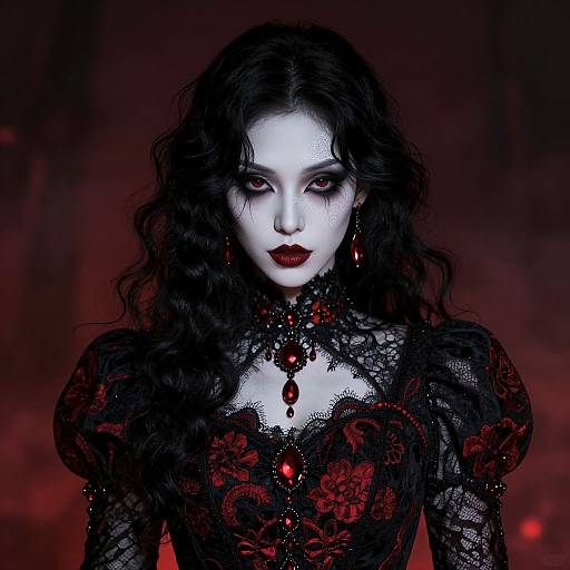 Digital artwork of a pale-skinned, dark-haired woman with red lips and black lace dress, adorned with red gems, against a red, smoky