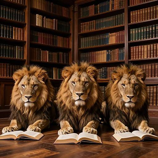 Photograph of three lions with full manes, sitting in a dimly lit library, each with an open book in front.