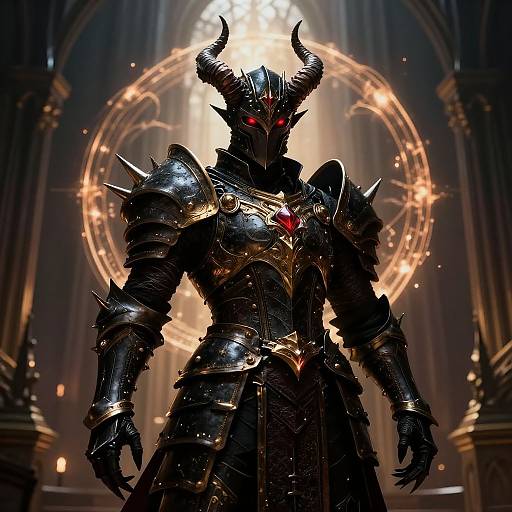 Digital artwork of a dark, imposing demon in black, spiked armor with red eyes, standing before a glowing, circular halo in a grand, cathedral-like