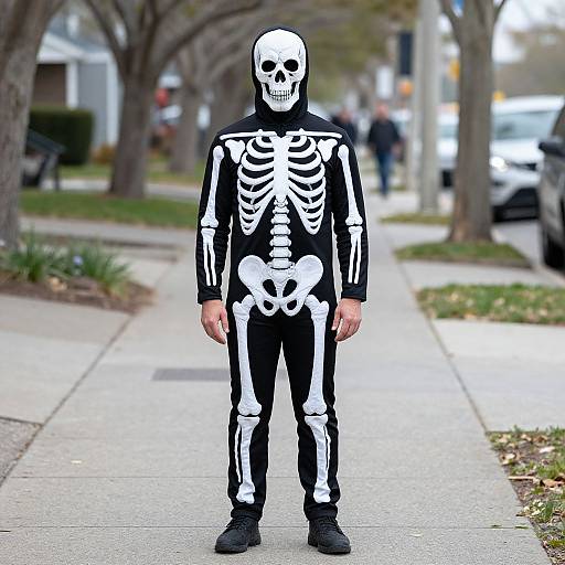 Person in Skeleton Costume on Sidewalk