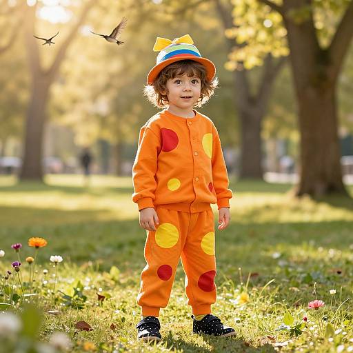 Photograph of a curly-haired toddler in an orange polka-dot onesie and colorful hat, standing in a sunlit park with birds flying and trees