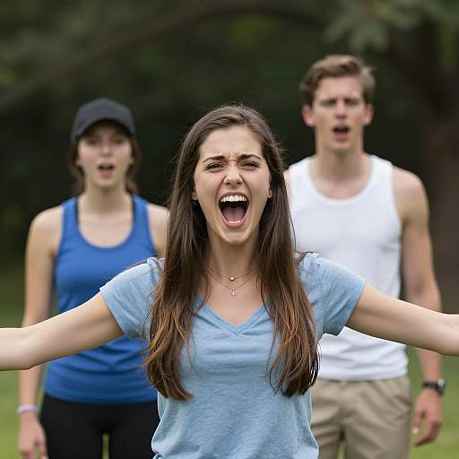 Young Woman Shouting Outdoors with Friends