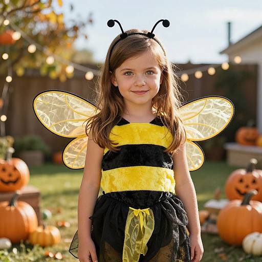 Photograph of a young girl in a yellow and black bee costume with yellow wings, standing in a sunny backyard with pumpkins and string lights.