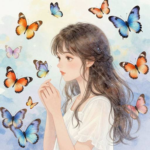Digital anime-style drawing of a young woman with long brown hair, wearing a white shirt, surrounded by vibrant orange, blue, and pink butterflies. She