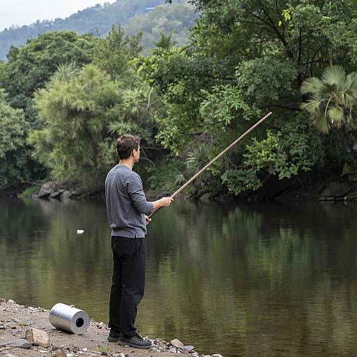 Man Fishing by River in Forest