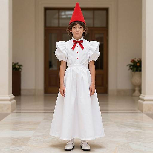 Photograph of a young girl with curly brown hair, wearing a white dress with puffed sleeves, red ribbon, and red cone hat, standing in