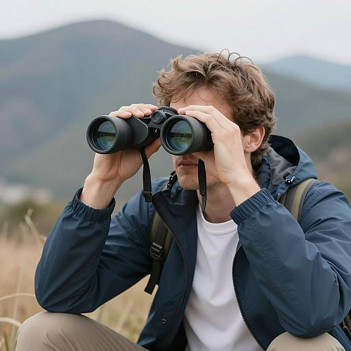 Crouching Man with Binoculars in Nature