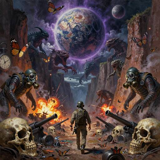 Digital artwork of a soldier in combat gear facing fiery explosions, skull-filled canyon, gas-masked zombies, dragons, butterflies, and a planet in a