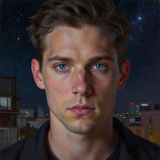 Digital portrait of a young man with blue eyes, short brown hair, and serious expression, set against a nighttime cityscape background.