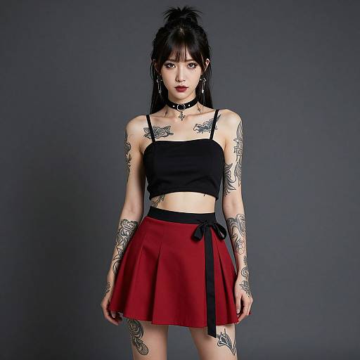 Photograph of a tattooed Asian woman with black hair in a high ponytail, wearing a black crop top and red skirt, against a dark gray