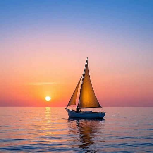 Photograph of a small sailboat with illuminated sails at sunset, reflecting vibrant orange, pink, and blue hues on calm waters.