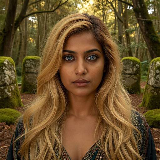 Photograph of a woman with long, wavy blonde hair, blue eyes, and olive skin standing in a forest with moss-covered gravestones in