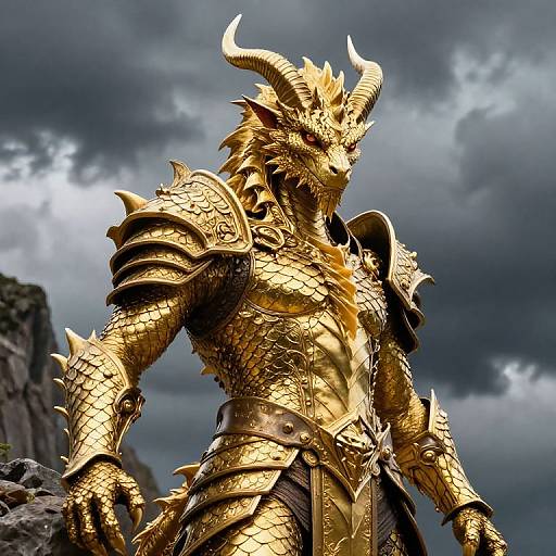 Photograph of a golden-scaled dragon warrior with horns, wearing detailed, spiked armor, standing against a stormy, cloud-filled sky.