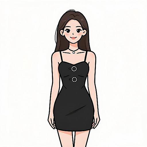 Digital anime-style drawing of a fair-skinned woman with long brown hair, wearing a black strapless dress with circular buttons, standing against a white background