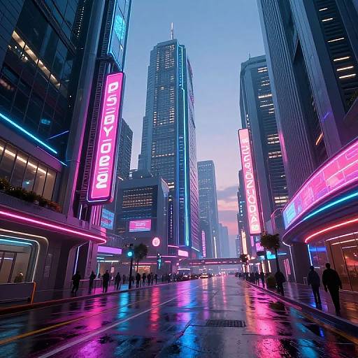 Neon-lit, rainy city street photograph with towering skyscrapers, vibrant pink and blue neon signs, wet pavement reflecting lights, and silhou