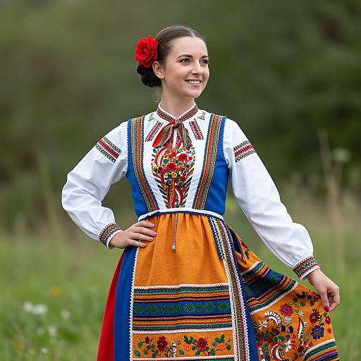Photograph of a smiling young woman with dark hair in a red flower bun, wearing a colorful, embroidered traditional folk dress, standing in a green,