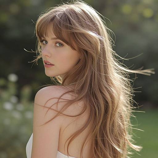 Photograph of a young woman with long, flowing brown hair, fair skin, and green eyes, wearing a white strapless top, looking over her