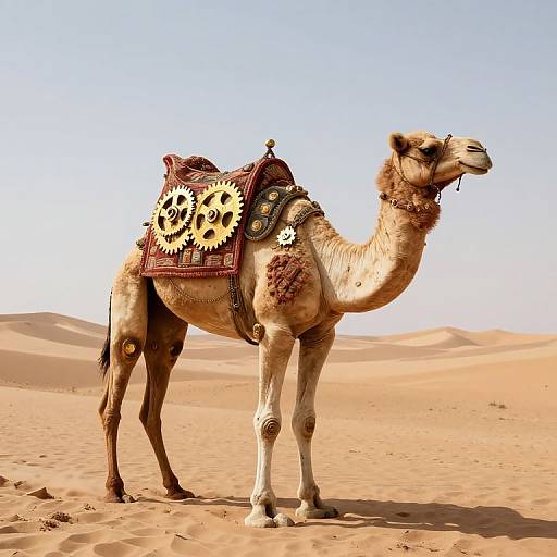 Photograph of a camel standing in a desert, adorned with a red saddle featuring large, intricate gear patterns, under a clear blue sky.