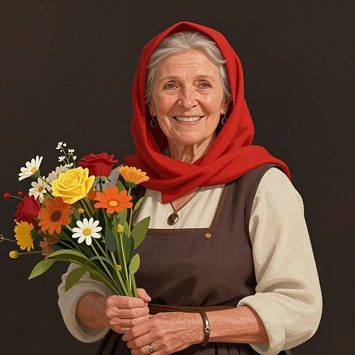 Photograph of elderly woman with gray hair, red headscarf, white blouse, brown dress, smiling, holding colorful flower bouquet against black background.
