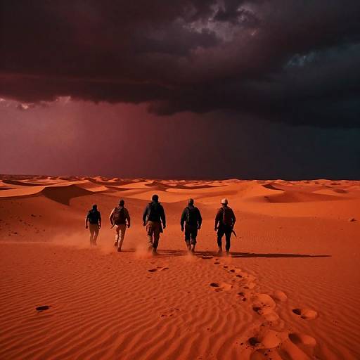 Photograph of five silhouetted hikers walking through a vividly red-orange desert under a dark, stormy sky, with footprints trailing